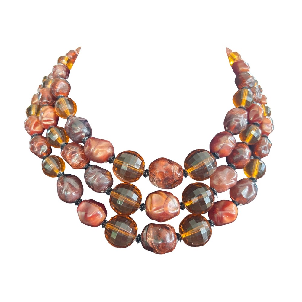 Vintage Signed Vendome Triple Strand Amber And Brown Lucite Beads - Picture 2 of 6